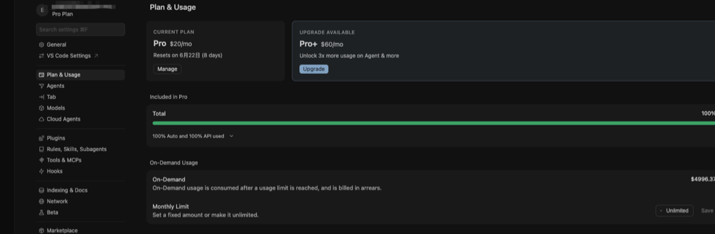 Cursor Plan & Usage showing quota 100% used and US$4,996.37 on-demand